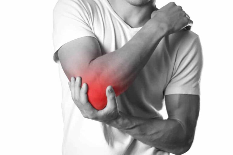 Tennis Elbow Man with sore red highlighted tennis elbow